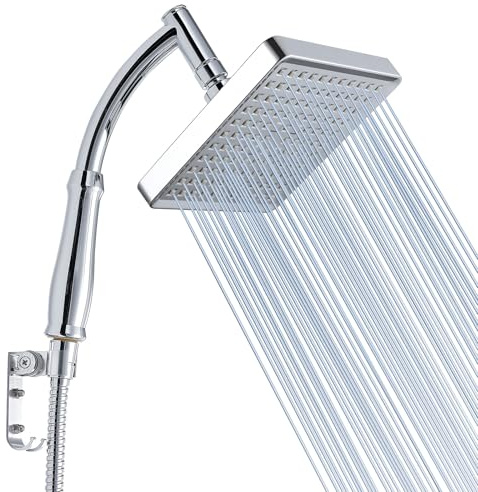 Voolan Regenduschkopf mit Handbrausearm, Hochdruck-Handbrauseköpfe, Luxuriöse Chromoberfläche, 15cm Quadrat-Wasserfall-Duschkopf mit Verlängerungsarm und Halterungssets