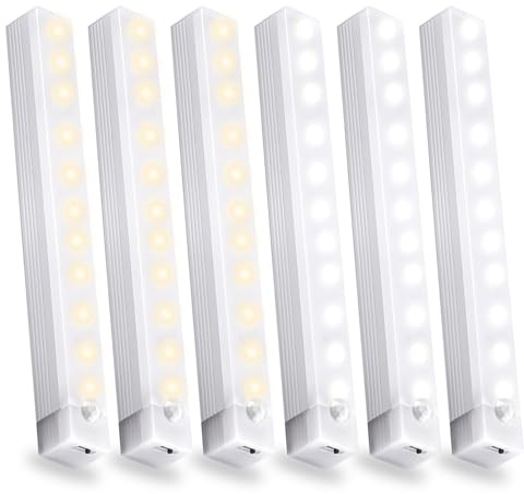 6 Pack Motion Sensor Under Cabinet Light, Magnetic Rechargeable 2 Color Under Counter Light, 8 Inch LED Closet Light for Stair Bedroom Cupboard
