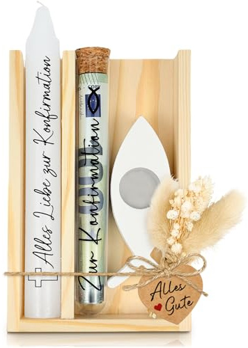 Konfirmation Geschenk Set – inkl. Kerze Stabkerze, Fischförmiger Kerzenhalter, Trockenblumen mit Reagenzglas – in Holzbox Holzverpackung, Geldgeschenk Konfirmation Verpackung Mädchen Junge