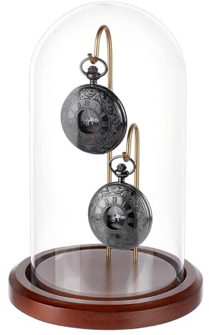 PH PandaHall Glasklocka med brun träbas fickur fodral, klockdisplay med 2 metallkrokar för medaljer och samlarobjekt, 12,7 x 19,8 cm