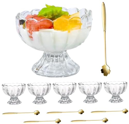 AZIDWERYQ Set di 6 coppette per gelato con cucchiai, coppe per gelato in vetro trasparente smerlato, per dessert, frutta, insalata, snack e altro
