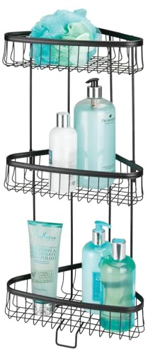 mDesign Pratico portaoggetti doccia ad angolo – Portasapone, porta shampoo e bagnoschiuma con tre ripiani – Porta accessori doccia in metallo – nero opaco