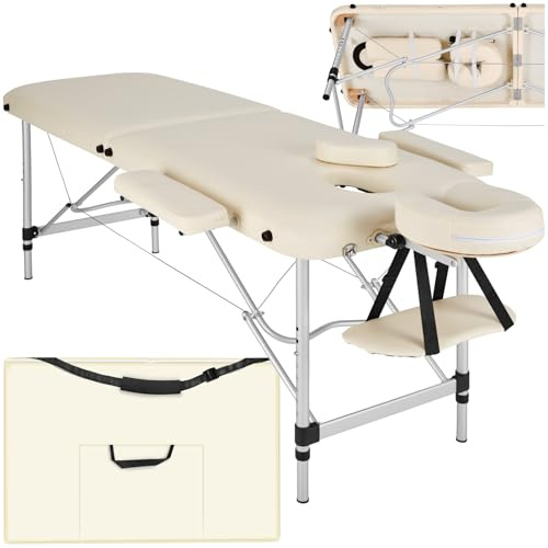 tectake® Lightweight Portable Massage Table, Comfortable 2-Section Padded Folding Spa Bed, Adjustable Massage Bed, Incl Accessories, Aluminium Headrest, Armrest & Storage Bag - Beige