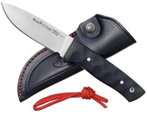 Muela Cuchillo de Caza KODIAK-10SV.M con hoja de acero Sandvik 14c28n de 10 cm y empuñadura micarta negra separadores rojos de 11 cm Caza, Supervivencia y Bushcraft + Portabotellas de regalo