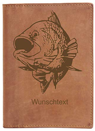 Greenburry Dokumentenmäppchen Leder Ausweismappe Angelschein mit Fisch Motiv + Wunschname