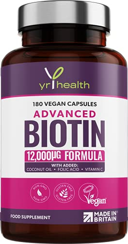 Biotin Hair Growth Supplement 12,000mcg, 180 Vegan Capsules not Biotin Tablets for Hair Skin and Nails with Coconut Oil, Vitamin C & Folic Acid, Vitamin B7 for Men and Women - Made in UK by YrHealth