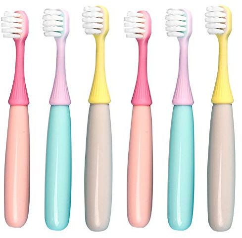 newrichbee 6 Packs Kids Toothbrush,Lovely Little Mushroom Extra Soft Bristles Toddler Toothbrush for 1-3Years Old (Pink& Yellow &Blue)…