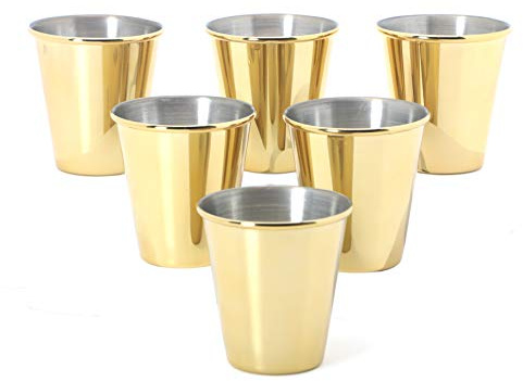 Juego de 6 vasos de chupito de acero inoxidable dorado – 70 ml – Lujoso vaso de metal fresco – bordes rizados – Vasos para whisky, tequila, licor, expreso – 2 onzas