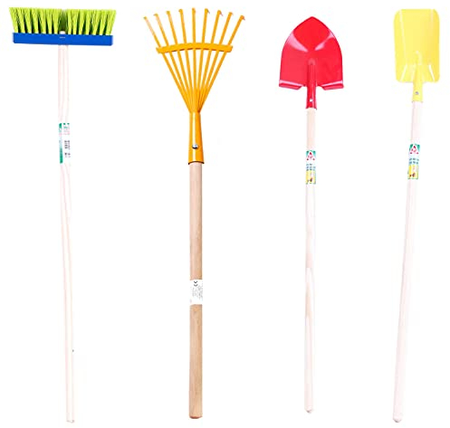 Gartenwerkzeug-Set aus Holz und Metall, Rechen, Schaufel, Spaten und Besen, ab 3 Jahren