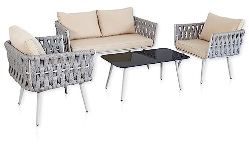 Lycce Terrassenmöbel Gartenmöbel Set Sitzgruppe Garten Weave geflochten Rubber-Cotton grau 4-Sitzer