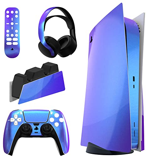 PlayVital Skin für ps5 Konsole Standard Disc Edition,Decal Sticker Aufkleber Vinyl-Skin Schutzfolie Folie für PS5 Konsole,Controller,Ladestation,Headset,Medienfernbedienung-Lila Blau