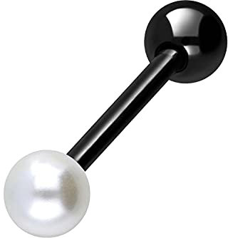 PIERCINGLINE Chirurgenstahl Barbell SYNTH. PERLE Piercing Stab Brust Zunge Schwarz Perle weiß 14 mm