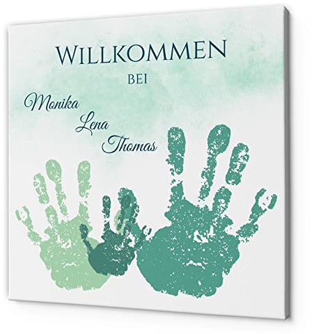 CHRISCK design Wandbild Handabdruck Willkommen personalisierbar | Leinwand mit UV Druck ab 20x20 cm | Dekoration Flur, Geschenk für Familie