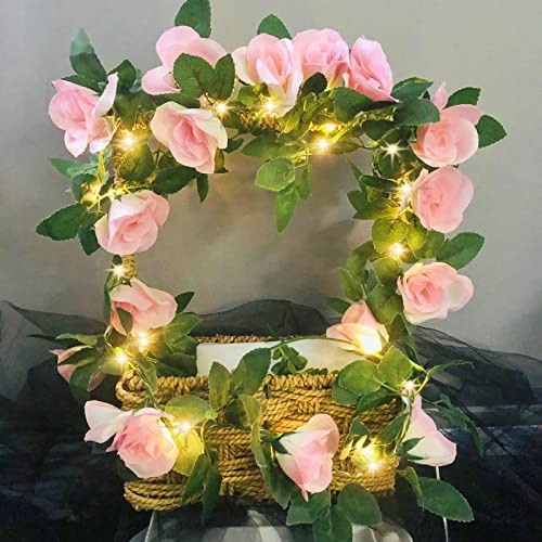 Rose Fee String-Lichter Künstliche Blume Girlande mit LED Kupfer Draht Licht-Saiten,Rose Rebe Lichter Dekor für Weihnachten Hochzeitsblumensträuße-Party-Hauptfenster (Batteriebetrieben, Rosa)