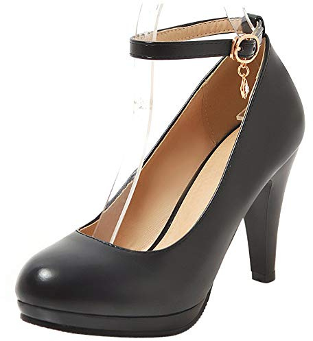 Décolleté Donna, Scarpe Tacco a Cono Eleganti Scarpe da Sposa Tacco Alto Punta Rotonda con Cinturino alla Caviglia con Plateau Fibbia Nero Numero 46 EU