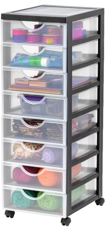 Iris Ohyama Kunststoff-Schubladenbox mit Rollen, 8 flachen Schubladen, Schwarz, Griffe zum Ziehen, Für Schlafzimmer, Schule & Büro, BPA-frei, Schubladenschrank, Rollcontainer, A4 Drawer, DDDC-380