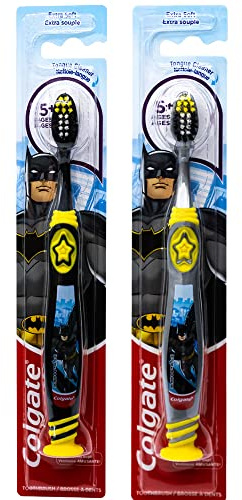 Colgate Batman Toothbrush for Children with Suction Cup, Kids 5+ Years Old, Extra Soft (Colors Vary) - Pack of 2