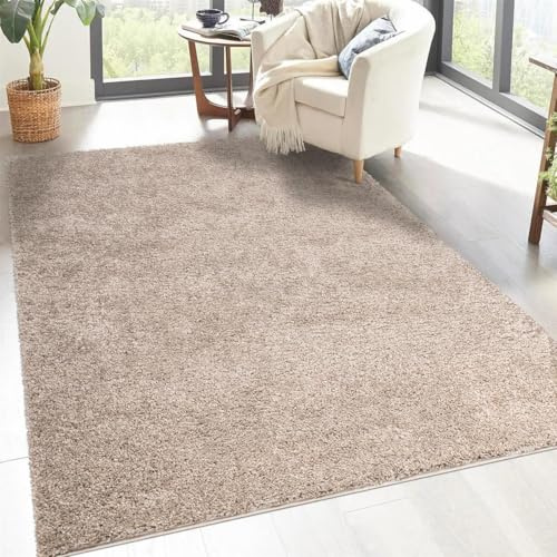 carpet city Shaggy Tapis de salon à poils longs, 120 x 170 cm, beige sable/beige - Tapis de salon - Couleur unie moderne - Tapis moelleux et doux - Décoration de chambre à coucher