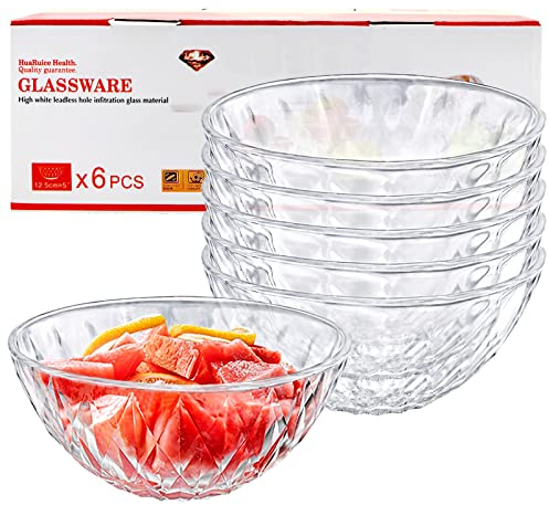 Wieat Serving Bowls, 6 Pcs Medium Diamond Salads Bowls, Serving Dishes, Cooking Round Clear Glass Bowl for Snack, Spices, Dipping, Jam, Creams, Salads, Dessert, Rice