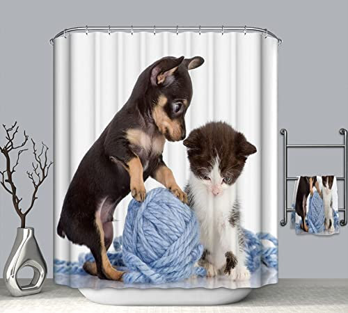EHOMERY Duschvorhang Dachschräge Badewanne Duschrollo Wandmontage Kätzchen Und Welpe Spielen Mit Wollknäuel Polyester Weiß Rostfreie Ösen Und 12 Hakenringe, 90X180Cm