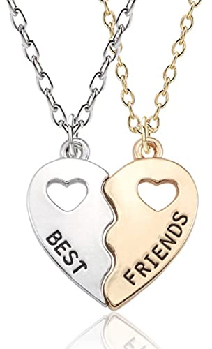 Paquete de 2 collares BFF, collar de amistad, mejores amigos para niñas, regalos de cumpleaños, cadena colgante, regalos (oro plateado)
