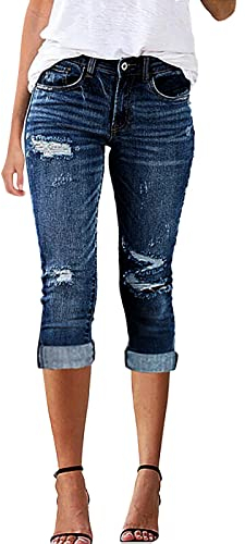 IQYU Capri Jeans Damen Stretch Destroyed - Caprihosen Damen 3/4 Strech Jeans-Hosen Sommer Freizeithose Leicht Jeanshose Kurze Hosen 7/8 Damenhosen High-Waist Caprihose Zerissen-Jeans Bermudas Shorts