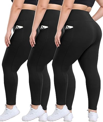Syrinx 3 Pack Plus Size Leggings with Pockets for Women - High Waisted Tummy Control Spandex Soft Black Workout Yoga Pants