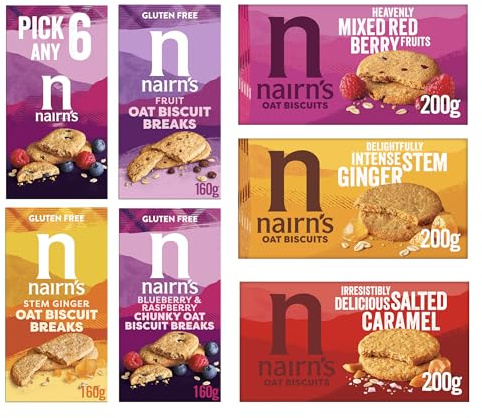 Nairn's PICK ANY 6 Gluten Free & Non Gluten Free Oat Biscuits. Flavours inc. Chocolate chip, cheese, fruit and seed, Stem Ginger, Mixed Berries, Salted Caramel, Apple & Cinnamon Chunky Etc. 0.16 kg.