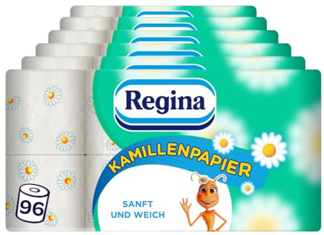 Regina Kamillenpapier, 96 Rollen Toilettenpapier, 3-lagig | 6 x 16 Einzelpackungen, 150 Blatt pro Rolle, Sanft und zuverlässig, Mit einem Hauch von Kamille, FSC-zertifiziertes Papier