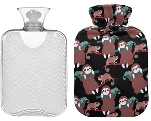 ZZXXB Faultier Chamelon Wärmflasche mit Fleece-Bezug, PVC-Wärmbeutel, 2 Liter