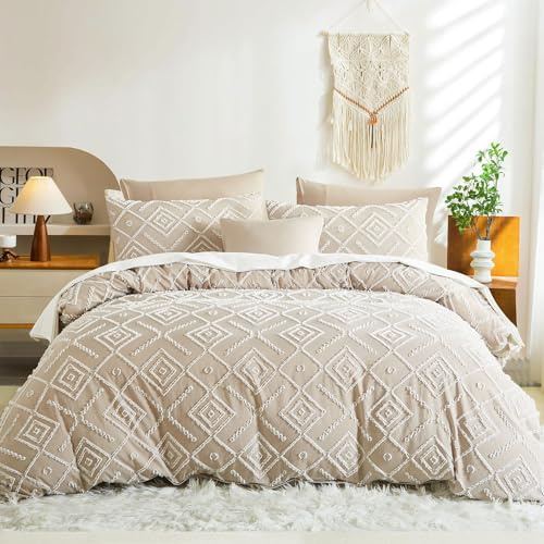 Lanqinglv Getuftet Bettwäsche 200x200cm Khaki Boho Geometrische Vintage Wendebettwäsche Set aus Microfaser Shabby Chic Bohemian Bettbezug mit Reißverschluss und 2 Kissenbezug 80x80cm