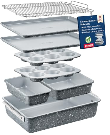 Bakken 8-Piece Stackable Bakeware Set - Ceramic Non-Stick Coating, Baking Sheets, Assorted Baking Pans, PTFE, PFOA & PFOS Free - Healthy Baking, Ergonomic Handles, Cooling Rack, Non-Toxic, Oven-Safe