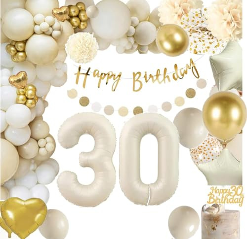 30 Geburtstag Deko, 30 Geburtstag Frauen Männer,30 Jahr Geburtstagdeko,Beige Gold Ballon Deko mit Happy Birthday Girlande,Deko 30. Geburtstags Konfetti Luftballons,Geburtstagsdeko 30 Luftballons