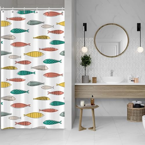 ASDCXZ Tenda da doccia a forma di pesce, 90 x 180 cm, giallo, verde, rosso, oceano, colorato, antimuffa, bagno, lavabile, sottile, in poliestere, impermeabile, tenda da doccia per vasca da bagno con 6