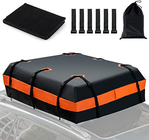 GYMAX Coffre de Toit Voiture, Sac de Toit Imperméable 425L avec Tapis Antidérapant, Installation Facile avec Crochets, Bonne Sécurité avec Serrure à Combinaison, Convient à Tous Les Véhicules (Orange)