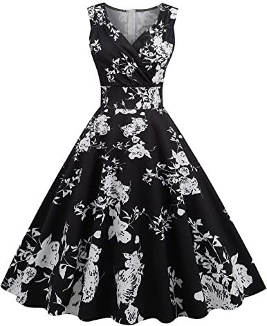Rockebillykleider Damen Festlich V-Ausschnitt Swing Kleid Rüschen Saum Elegant Partykleid Abendkleid Ärmellos Knielang Cocktailkleid Ballkleid Vintage Petticoat Drucken Rockabilly Kleider A Linie