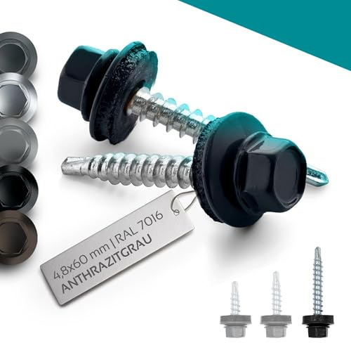 VOOXA 50St Trapezblechschrauben 4,8x60mm vezinkter Stahl Anthrazit RAL7016 | Selbstbohrende Dünnblechschrauben mit EPDM-Dichtscheibe | Sechskantkopf SW8 | Anthrazitgrau