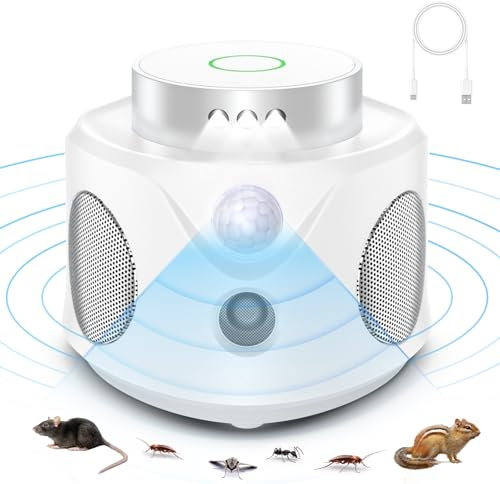 Tiptop Home Ahuyentador de Ratas, Ultrasonido contra Ratones 360° Ahuyentador de Topos con Luz LED Repelente Ultrasónico de Plagas Enchufables Roedores Ahuyentador Cucarachas para Jardín