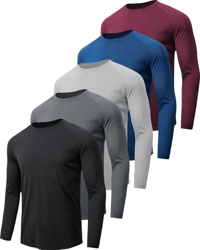 miijoory 5 Piezas Camisetas Manga Larga Hombre Camiseta Deporte Hombre de Secado Rápido Respirable UV Protección Solar para Gimnasio Running (3XL,Negro, Azul, Gris Oscuro, Verde Militar, Rojo)