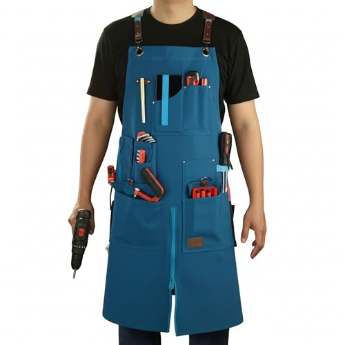 Stenffy Work Apron, Canvas, Adjustable Weight, Tool Aprons with Multiple Pockets, Adjustable Zipper, Metal Ring, Tape Measure Clip for Men Women 27In*36In (Blue)
