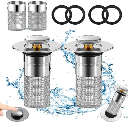 2PCS Pop Up Sink Plug Replacement, Sink Stopper Removable Stainless Steel Floor Drain Filter for 34-40mm Drain Holes, Universal Sink Plug for Kitchen, Bathroom, Wash Basin, Bathtubs