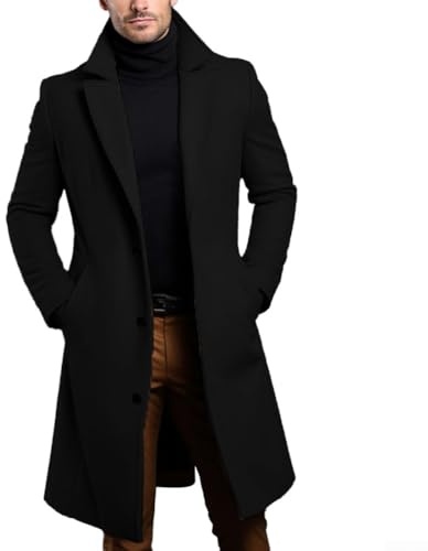 Trench nero di lusso da uomo cappotto lungo e caldo monopetto, Nero , XL