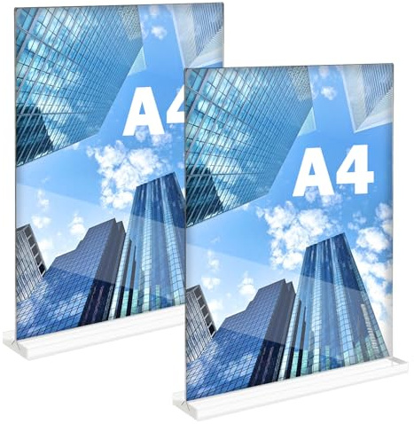 ASelected 2 Stück Tischaufsteller A4 Preisschilder Aufsteller Tischständer Aufsteller A4 Acryl T-Ständer Aufsteller für Prospekte Menükarte Werbung Fotorahmen