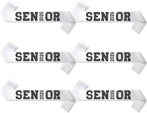 6Pcs White Senior 2026 Satin Sashes with Black Glitter Letters Senior 2026 Decorations - 2026 Graduation Celebrations Sashes - Senior Cheer Sash - Cheerleader Sash - Class Competition Sashes