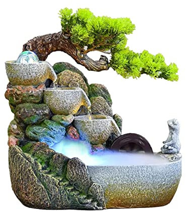 Tabletop Fountain Indoor Desktop Fountain Waterfall Zen Meditation Indoor Waterfall Feature with Automatic Pump Artificial Trees and Illuminated Waterfall for Home Office Bedroom Desk Décoration Indoo