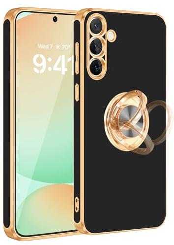 Fingic for Samsung S24 FE Case[with 360° Rotatable Ring Holder][Support Magnetic Car Mount] Shiny Plating Gold Slim Thin Soft TPU Shockproof Case for Samsung Galaxy S24 FE for Women Men,6.7,Black