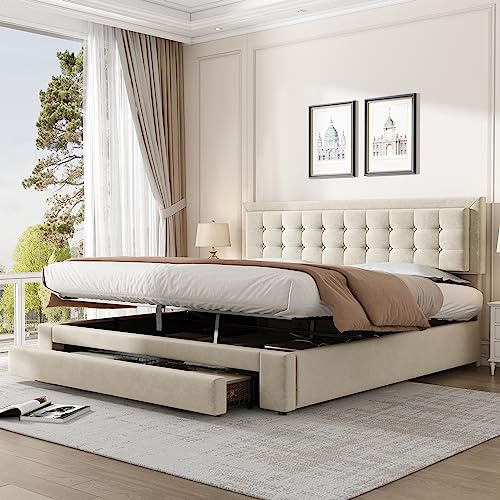 5ft King Size Bed Frame with Hydraulic Lever and Drawer, Velvet Fabric Upholstered Ottoman Storage Bed with Adjustable Button-Tufted Headboard, Gas Lift Up Bed With Storage & Slats, No Mattress, Cream