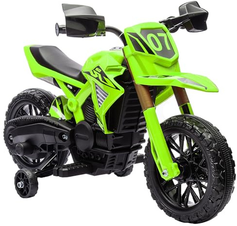 AIYAPLAY Elektrisk motorcykel, 6 V barnmotorcykel med stödhjul, barnfordon med tuta och startbuller, 3 km/h, för 3–8 år barn, max. 30 kg, grön