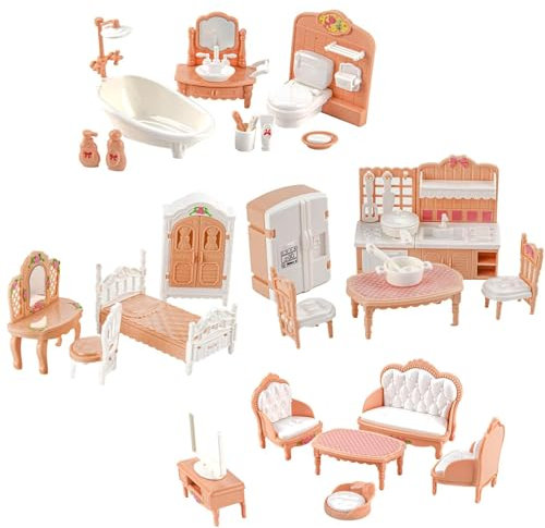 Dolls House Furniture, 32 Pcs Minihouse Furniture Set, Realistic Dollhouse Miniatures, Pretend Play Doll House Furniture Set,Dollhouse Accessories,Miniature Bedroom Living Room Bathroom for Boys Girls