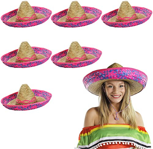 6-pack rosa mexikansk sombrero – vuxna, män, kvinnor rosa halmsombreros – perfekt för Mexiko/Cinco De Mayo temafester och maskeradkläder